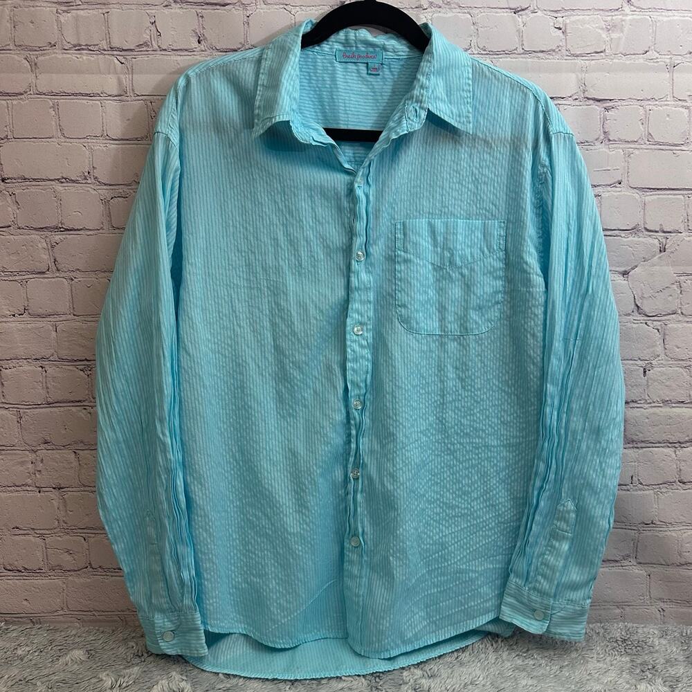 Fresh Produce Blue Striped Button Down Shirt Relaxed Fit Size Small Summer Beach